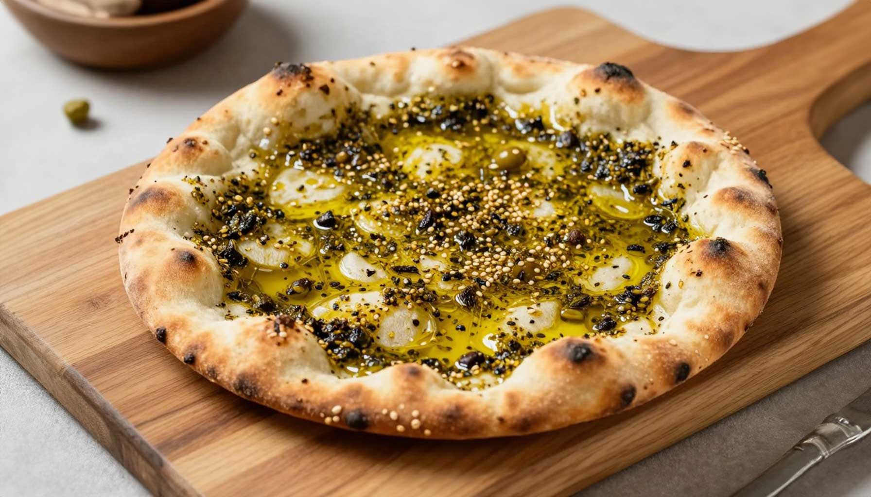 Frisch gebackenes Fladenbrot mit Zatar-Gewürz bestreut