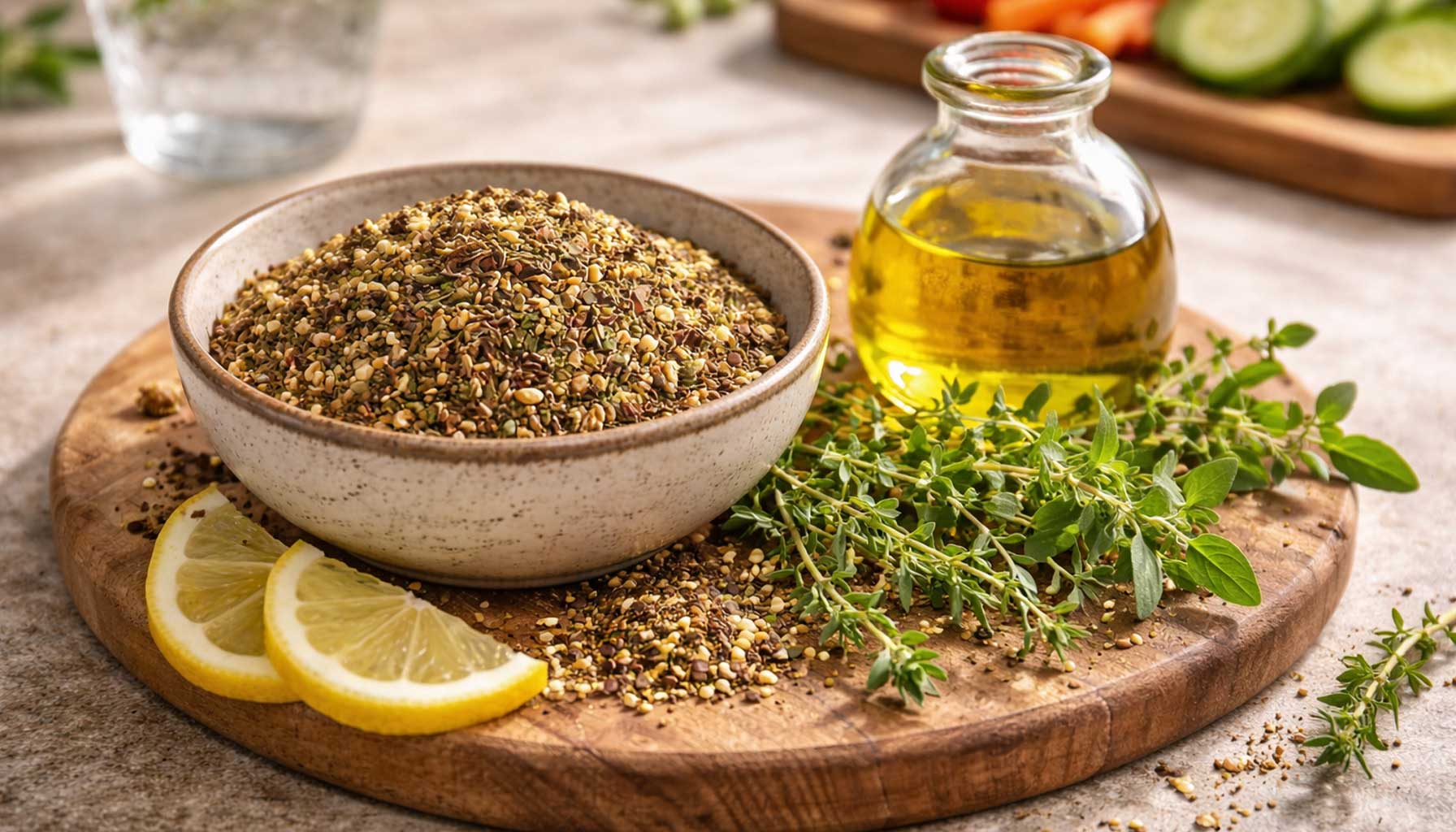 Zatar mit frischen Kräutern und Olivenöl als gesunde Zutat