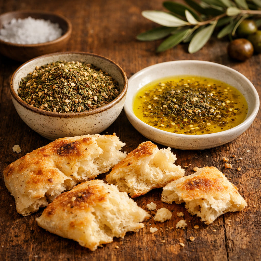 Zatar Gewürzmischung in einer Schale mit Olivenöl und frischem Brot
