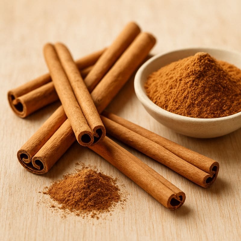 Zimtstangen und gemahlener Zimt auf hellem Holz