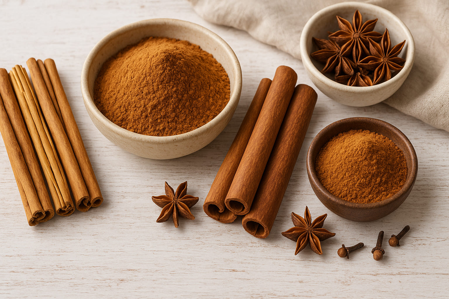 zimt-aromaprodukte Aromatischer Zimt in Schalen mit Gewürzen