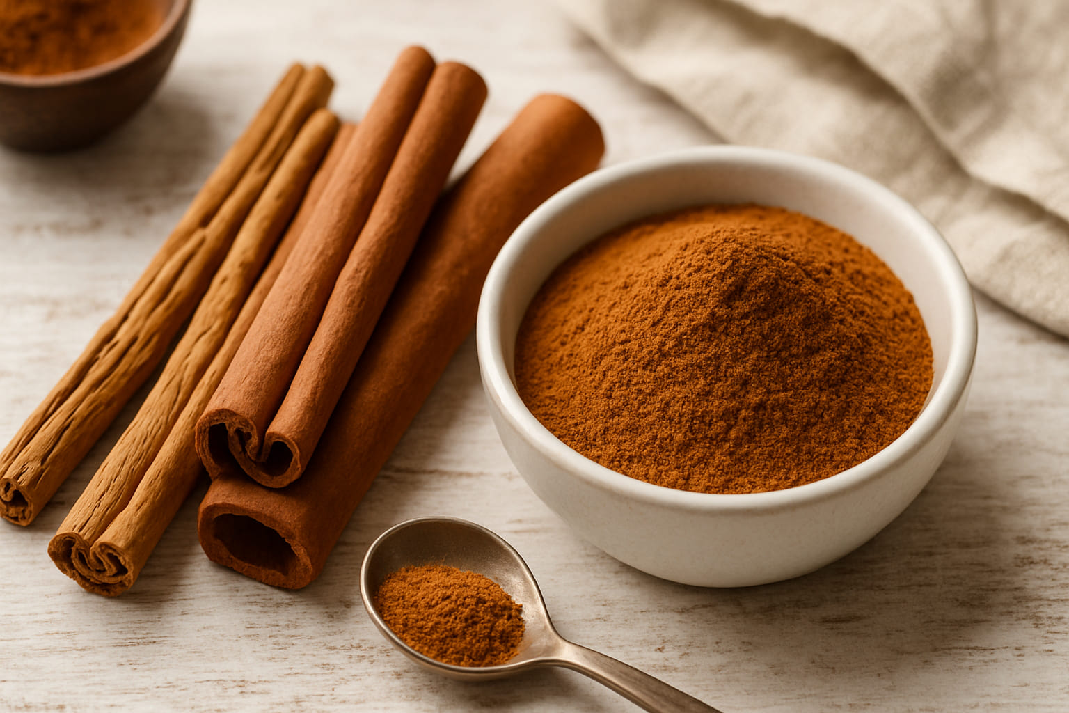 zimt-gesundheit-cumarin Zimtstangen und gemahlener Zimt in einer Schale