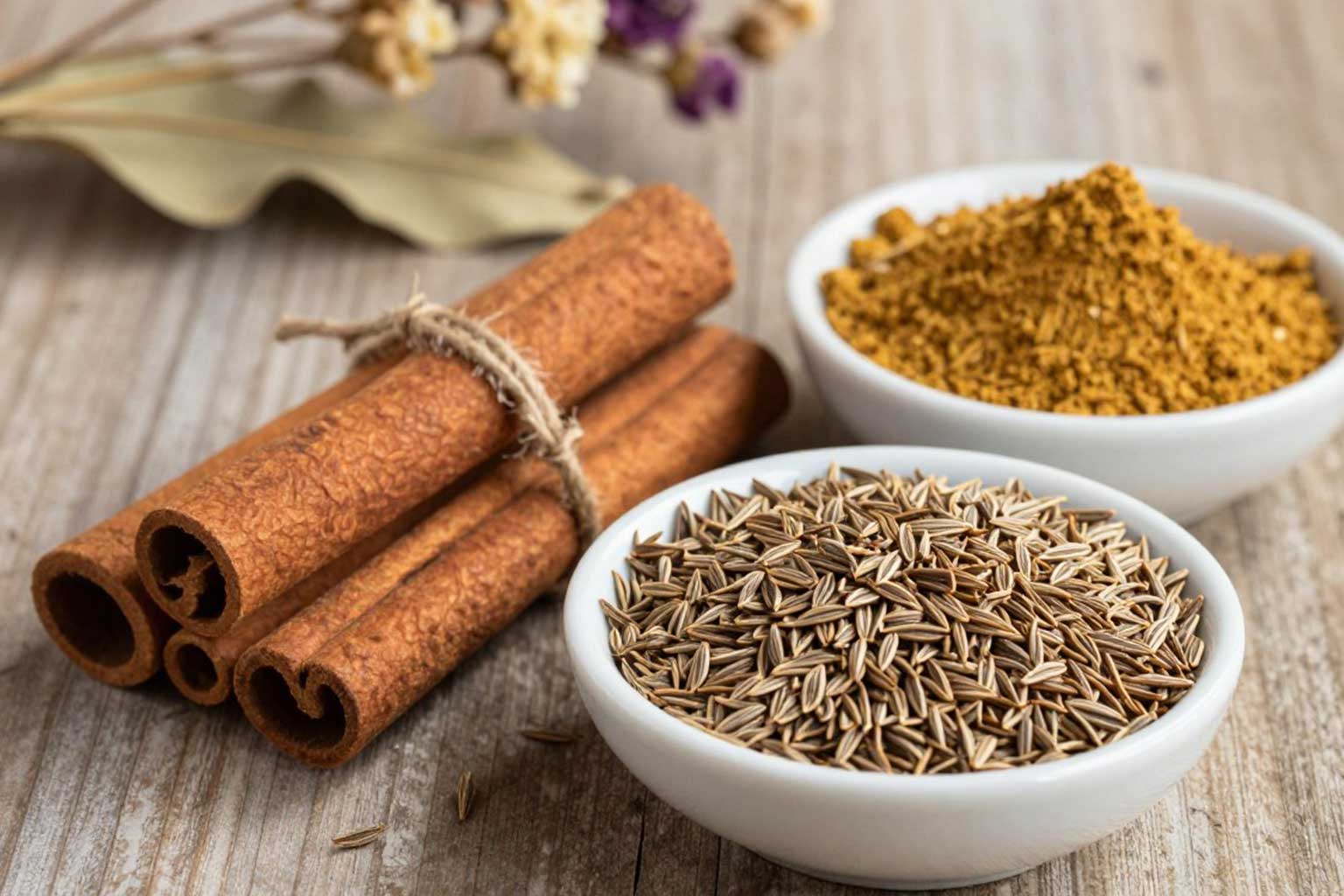 Zimt und Kreuzkümmel als wichtige Bestandteile der Ayurveda Gewürze Grundausstattung