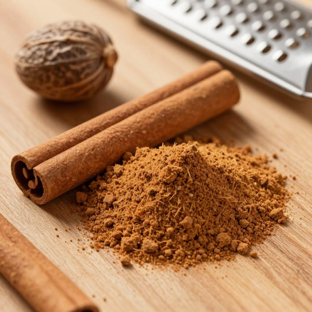 Zimtstangen und gemahlene Muskatnuss