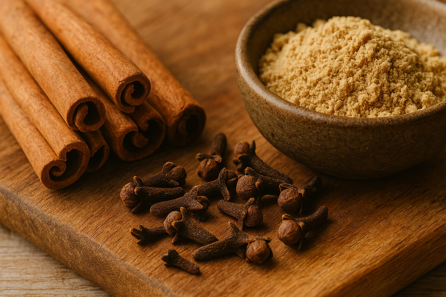Nahaufnahme von Zimtstangen, Nelken und gemahlenem Ingwer auf einem Holzbrett.
