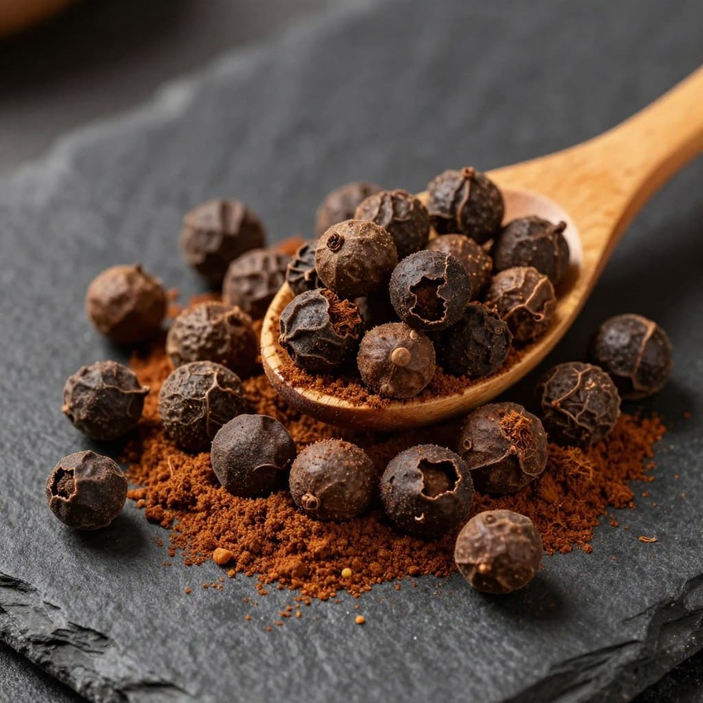 Ganze Pimentkörner und gemahlenes Piment