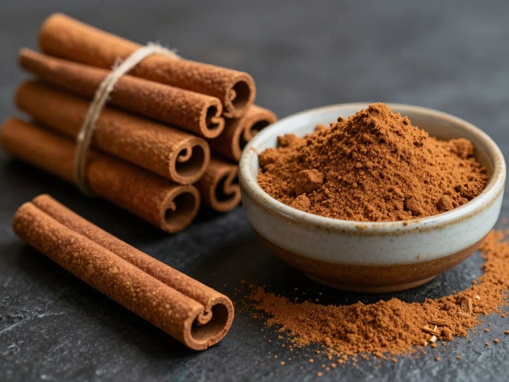 Zimtstangen und Zimtpulver auf dunklem Untergrund dekorativ angerichtet